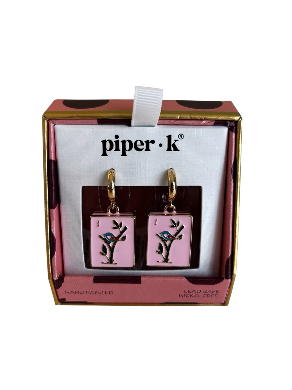 Piper•k Pink & Gold Tone Enamel Mahjong Tile Huggie Drop Hoops.